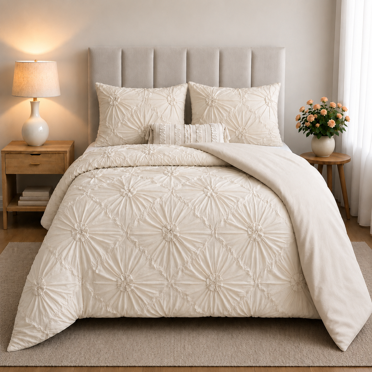 Housse de couette beige à fleurs en relief installée sur un lit