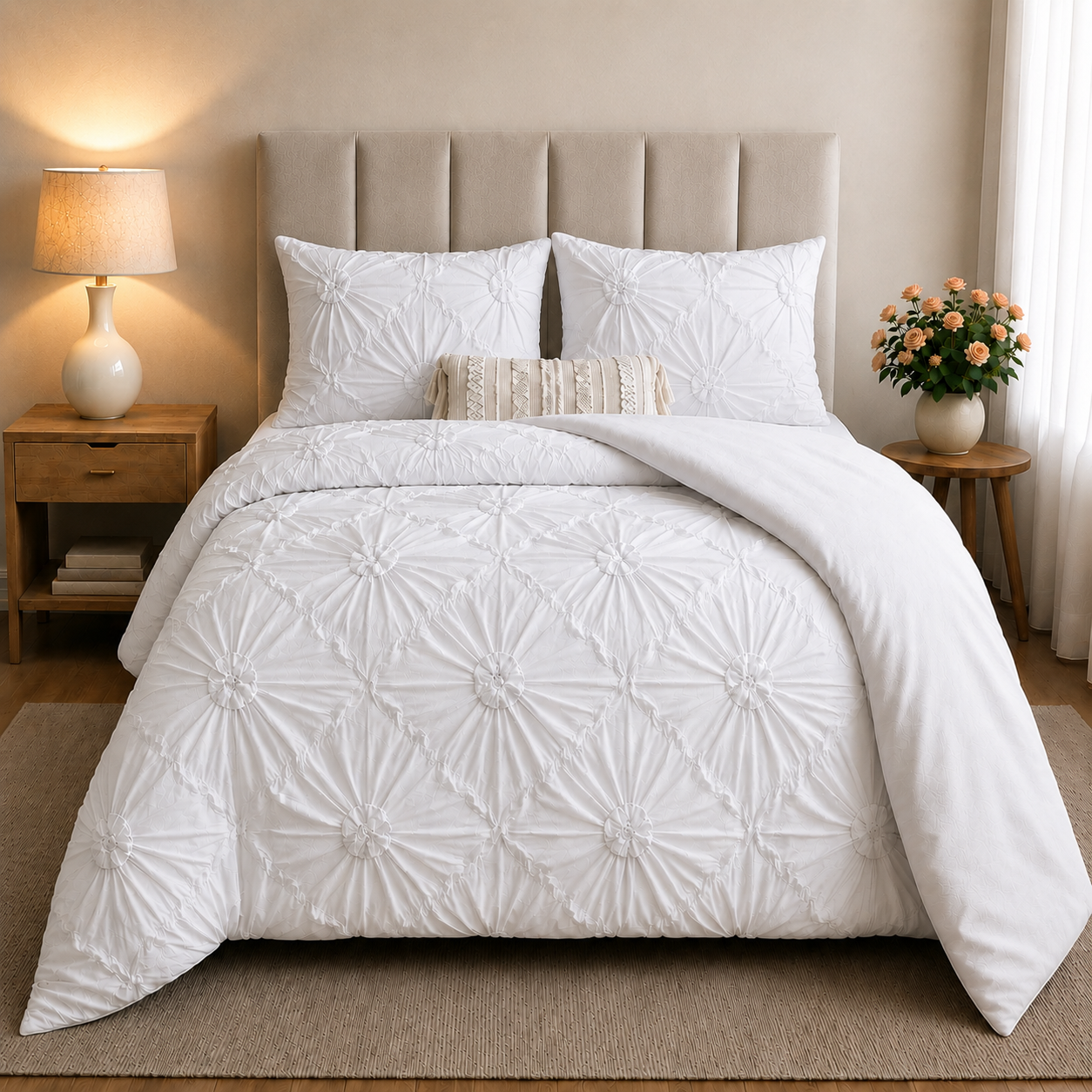 Housse de couette blanche à motif floral en relief avec taies assorties